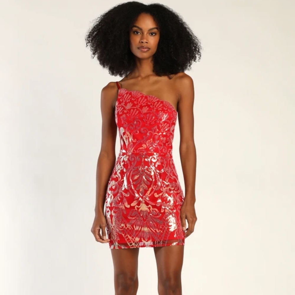 Lulus Mesmerizing Shine Iridescent Sequin One Shoulder Mini Dress